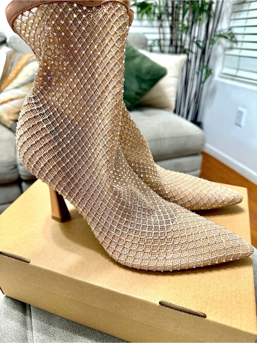 Embellished Nude Rhinestone Sock Heeled Boots